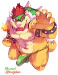  5_fingers anthro armband bo-gilliam bowser bracelet breath_powers claws clothing collar elemental_manipulation fingers fire fire_breathing fire_manipulation genitals green_clothing green_underwear hair hi_res horn jewelry koopa looking_at_viewer male mario_bros muscular muscular_anthro muscular_male nintendo nipples open_mouth pecs penis penis_base red_eyes red_hair scalie sharp_teeth shell simple_background solo spiked_armband spiked_bracelet spiked_collar spiked_shell spikes spikes_(anatomy) teeth tenting underwear video_games white_background 
