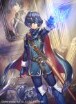  1girl anbe_yoshirou armor bangs belt blue_hair breasts bug butterfly cape chrom_(fire_emblem) falchion_(fire_emblem) fingerless_gloves fire_emblem fire_emblem_awakening fire_emblem_cipher gloves insect looking_at_viewer lucina_(fire_emblem) mask pauldrons portrait short_hair shoulder_armor small_breasts sword tiara weapon 