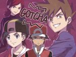  4boys backwards_hat baseball_cap black_hair blue_oak brown_eyes brown_hair closed_mouth collarbone commentary_request copyright_name ethan_(pokemon) gotcha! hat head_tilt looking_at_viewer male_focus multiple_boys parted_lips pokemon pokemon_(game) pokemon_hgss pokemon_rgby purple_background red_(pokemon) red_hair signature silver_(pokemon) smile spiked_hair teeth tomosatooon v-shaped_eyebrows 