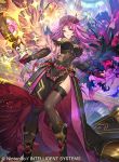  1girl belt beret boots breasts cleavage feathers fire_emblem fire_emblem_cipher gem gloves hat long_hair official_art pink_eyes pink_hair poe_(fire_emblem) side_ponytail solo sparkle staff teeth thighhighs umiu_geso 