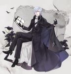  1boy black_flower black_footwear black_gloves black_suit book cape crossed_legs ear_piercing earrings flower formal full_body gloves grey_background highres jewelry long_sleeves looking_at_viewer male_focus nn_nn piercing pixiv_fantasia pixiv_fantasia_fallen_kings pointy_ears sajiliany_laflower shoes silver_hair sitting smile solo suit 