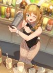  1girl ;d animal_ears baba_konomi bangs bar bare_arms bare_shoulders black_bow black_hairband black_leotard black_neckwear blurry blurry_background blush bottle bow bow_hairband bowtie braid breasts brown_hair bunny_ears bunny_tail cleavage cocktail_shaker commentary_request covered_navel cup depth_of_field detached_collar drinking_glass dutch_angle eyebrows_visible_through_hair fake_animal_ears fake_tail feet_out_of_frame fingernails fishnet_legwear fishnets from_above green_eyes groin hair_between_eyes hair_bow hair_flaps hair_over_shoulder hairband hands_up highres holding idolmaster idolmaster_million_live! indoors kamille_(vcx68) lens_flare leotard long_hair looking_at_viewer medium_breasts nail_polish one_eye_closed open_mouth pantyhose pink_nails playboy_bunny shelf sidelocks single_braid smile solo sparkle standing strapless strapless_leotard tail thigh_gap wrist_cuffs 
