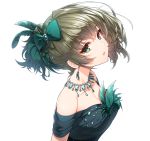  1girl asymmetrical_hair bangs bare_shoulders blue_dress blue_eyes bow breasts cleavage collarbone dress earrings eyebrows_visible_through_hair feathers from_side gem green_bow green_eyes green_feathers green_hair hair_bow hair_feathers head_tilt heterochromia idolmaster idolmaster_cinderella_girls idolmaster_cinderella_girls_starlight_stage jewelry looking_at_viewer medium_breasts mole mole_under_eye necklace off-shoulder_dress off_shoulder parted_lips shiny shiny_hair short_hair short_sleeves sideways_glance simple_background solo sukusu909 takagaki_kaede upper_body white_background 