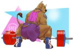  2020 abstract_background anthro barbell bottomwear bovid bovine brown_body bruteandbrawn bulge butt butt_focus canid canine canis cattle chain_necklace clothed clothing deadlift domestic_dog exercise footwear hi_res hooves horn hotpants hybrid indigo_the_bullpup looking_at_viewer looking_back male mammal muscular muscular_anthro muscular_male shirt shoes shorts simple_background solo tank_top tattoo topwear weightlifting workout 