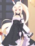  1girl :d ayanami_(azur_lane) azur_lane bangs black_bow black_dress blonde_hair blush bow breasts cleavage commentary_request detached_sleeves dress eyebrows_visible_through_hair hair_between_eyes hair_ornament hairclip headgear high_ponytail highres holding holding_sword holding_weapon indoors long_hair long_sleeves looking_at_viewer medium_breasts open_mouth ponytail puffy_long_sleeves puffy_sleeves red_eyes sakurato_ototo_shizuku sidelocks sleeveless sleeveless_dress sleeves_past_wrists smile solo standing sword very_long_hair weapon white_sleeves window 