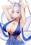  1girl absurdres alternate_costume animal_ears armpits arms_up azur_lane bangs bare_shoulders blue_dress blue_eyes blunt_bangs breasts cleavage collarbone dress fox_ears fox_tail highres huge_filesize jewelry kaga_(azur_lane) kaga_(white-tailed_magnificence)_(azur_lane) large_breasts looking_at_viewer makeup multiple_tails necklace parted_lips pnatsu short_hair sleeveless solo tail white_hair 