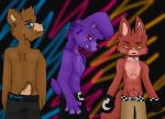  2015 4_fingers alternate_species anthro bandage belt blue_eyes bonnie_(fnaf) bottomwear brown_body brown_fur brown_stripes canid canine cheek_tuft clothed clothing facial_tuft fingers five_nights_at_freddy&#039;s fluffy fluffy_tail fox foxy_(fnaf) freddy_(fnaf) fur group head_tuft hook hook_hand lagomorph leporid long_ears long_tail looking_at_viewer male mammal multicolored_body multicolored_fur orange_eyes pants pink_eyes purple_body purple_fur rabbit red_body red_fur scurryy scut_tail simple_background stripes tuft ursid ursine video_games 