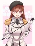  1girl black_neckwear breasts brown_hair collared_shirt cosplay double-breasted epaulettes eyebrows_visible_through_hair gloves grey_shirt hair_between_eyes highres jacket kantai_collection katori_(kantai_collection) katori_(kantai_collection)_(cosplay) kozu_(bloomme1_me) large_breasts long_hair looking_at_viewer necktie ooi_(kantai_collection) open_mouth red_eyes riding_crop shirt simple_background solo twitter_username upper_body white_gloves 