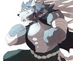  2020 5_fingers abs anon_1015 anthro arm_wraps bottomwear canid canine canis clothed clothing fingers fur grey_body grey_fur hi_res humanoid_hands law_(sdorica_sunset) male mammal multicolored_body multicolored_fur muscular muscular_anthro muscular_male open_clothing open_shirt open_topwear orange_eyes pecs sdorica sdorica_sunset shirt simple_background solo topwear two_tone_body two_tone_fur white_background wolf wraps yellow_sclera 
