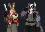  albert_wesker anthro barry_burton belt black_bars canid canine canis capcom clothing cosplay costume crossover crossover_cosplay droll3 duo eyewear eyewear_on_head facial_hair gun handgun hare hi_res lagomorph leporid letterbox looking_away male mammal mustache nintendo peppy_hare police_officer police_uniform radio ranged_weapon resident_evil revolver star_fox sunglasses sunglasses_on_head topwear uniform vest video_games weapon weapon_holster wolf wolf_o&#039;donnell 