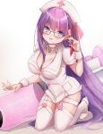  1girl bangs bb_(fate)_(all) bb_(fate/extra_ccc) bb_shot! breasts choker fate/extra fate/extra_ccc fate_(series) glasses hair_ribbon hat highres large_breasts large_syringe long_hair nurse nurse_cap oversized_object purple_eyes purple_hair red_ribbon ribbon syringe touko_56 very_long_hair white_choker wrist_cuffs 