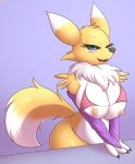  absurd_res an-tonio anthro big_breasts black_sclera bottomless breasts canid canine clothed clothing digimon digimon_(species) female fur hi_res huge_breasts looking_at_viewer mammal nipples nude open_mouth renamon simple_background solo white_body white_fur yellow_body yellow_fur 