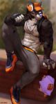  2020 anthro avian backpack bird black_body black_fur chunie claws clothed clothing detailed_background duo footwear fur grey_body grey_fur headphones hi_res hyaenid hybrid kure_black male mammal muscular muscular_male nipples outside penguin shoes sitting sneakers solo topless ursid white_body white_fur 