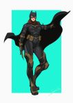  1girl absurdres barbara_gordon batarang batgirl batman_(series) billowing_cape blue_background blue_eyes cape dc_comics highres looking_to_the_side muscle muscular_female parted_lips red_hair signature solo sonech superhero 