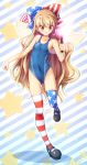  1girl alternate_costume american_flag black_footwear blonde_hair blue_bow blue_swimsuit bow chima_q clownpiece fairy_wings fire full_body hair_bow highres long_hair looking_down red_bow red_eyes shoes solo squiggle standing standing_on_one_leg star_(symbol) star_print striped striped_legwear swimsuit thighhighs torch touhou transparent_wings very_long_hair wavy_hair wings 