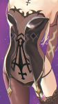  1girl absurdres bare_arms bare_shoulders black_legwear black_panties blonde_hair bodystocking breasts close-up eleaaa fischl_(genshin_impact) genshin_impact highres navel pale_skin panties revealing_clothes single_thighhigh sleeveless small_breasts solo stomach thighhighs underwear 