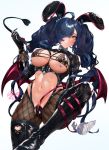  1girl animal_ears bangs black_legwear blue_hair blush breasts bunny_ears cleavage demon_girl demon_tail demon_wings fake_animal_ears gloves hair_over_one_eye highres holding holding_whip indoors large_breasts long_hair long_sleeves looking_at_viewer lucia_(ogino_atsuki) meme_attire navel ogino_atsuki original revealing_clothes reverse_bunnysuit reverse_outfit shrug_(clothing) smile solo succubus tail twintails wings yellow_eyes 