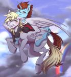  2020 ambiguous_gender blonde_mane blonde_tail blue_body blue_fur blush brown_mane brown_tail clothed clothed_feral clothing cloud cutie_mark duo equid equine eyes_closed eyewear fan_character feathered_wings feathers feral fetlocks flying fur glasses grey_body grey_feathers grey_fur grey_wings hasbro hi_res horn mammal mane midair my_little_pony open_mouth pegasus ponsex rainbow sky smile unicorn wings yellow_eyes 