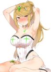  1girl armpits arms_behind_head arms_up bangs bare_shoulders blonde_hair blush breasts chest_jewel choker cleavage closed_mouth collarbone large_breasts long_hair looking_at_viewer mamedenkyuu_(berun) mythra_(xenoblade) one-piece_swimsuit ponytail sidelocks simple_background sitting swept_bangs swimsuit thigh_strap thighs tiara tying_hair wariza white_background white_swimsuit xenoblade_chronicles_(series) xenoblade_chronicles_2 yellow_eyes 