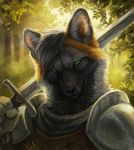  2020 anthro black_body black_fur black_nose brown_body brown_fur canid canine canis deyvarah digital_media_(artwork) fur green_eyes holding_object holding_sword holding_weapon male mammal melee_weapon solo sword weapon wolf 