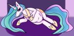  after_vore belly equid equine female feral friendship_is_magic hasbro hi_res horn horse looking_at_viewer lying mammal my_little_pony on_side princess_celestia_(mlp) propertyofcelestia solo vore white_body winged_unicorn wings 