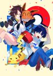  1boy 1girl absurdres bike_shorts blue_eyes blue_hair blue_pants blush brown_hair cloud commentary_request confetti eevee gen_1_pokemon gotcha! gotcha!_boy_(pokemon) gotcha!_girl_(pokemon) grey_skirt highres holding holding_poke_ball jacket looking_at_viewer one_eye_closed open_mouth pants pikachu pleated_skirt poke_ball poke_ball_(basic) pokemon pokemon_(creature) pokemon_on_arm seno_azana short_sleeves skirt sweatdrop teeth tied_hair tongue yellow_eyes zipper 