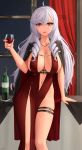  1girl alcohol algerie_(azur_lane) azur_lane bangs bare_shoulders black_cape blush breasts cape center_opening cleavage collarbone cup dress drill_hair drinking_glass highres jewelry large_breasts long_hair looking_at_viewer necklace purple_eyes red_dress sidelocks silver_hair smile thighs wine wine_glass zaphn 