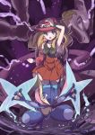  1girl absurdres arm_up bangs bare_shoulders black_footwear black_legwear black_shirt blonde_hair blue_eyes boots breasts collared_shirt commentary_request eyebrows_visible_through_hair eyewear_on_headwear gen_1_pokemon gen_6_pokemon greninja hand_on_headwear highres legendary_pokemon long_hair medium_breasts mewtwo open_mouth parted_bangs pizzasi pleated_skirt pokemon pokemon_(anime) pokemon_(creature) pokemon_xy_(anime) red_headwear red_skirt serena_(pokemon) shirt skirt sleeveless sleeveless_shirt standing sweat thighhighs thighhighs_under_boots water wavy_mouth 