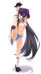  1girl abs black_hair blue_eyes breasts eyebrows_visible_through_hair fate/grand_order fate_(series) gachou gloves highres long_hair medium_breasts navel smile solo split standing standing_on_one_leg standing_split stretch thighs ushiwakamaru_(fate/grand_order) ushiwakamaru_(swimsuit_assassin)_(fate) very_long_hair white_background wide_sleeves 