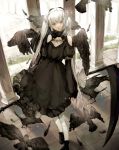  1girl bare_shoulders bird black_bird black_dress black_feathers black_footwear breasts cleavage cleavage_cutout clothing_cutout crack cross crow dress feathers fingernails flying frilled_dress frills grass hair_between_eyes highres holding holding_scythe holding_weapon isshiki_shime long_hair looking_at_viewer original outdoors parted_lips pink_eyes puffy_sleeves red_nails scythe shoulder_cutout sleeves_past_wrists standing twintails weapon white_hair white_legwear wings 