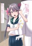  1boy 1girl admiral_(kantai_collection) akebono_(kantai_collection) anger_vein arm_hug bell blue_sailor_collar blue_skirt blurry burusuta commentary_request cowboy_shot depth_of_field fang flower hair_bell hair_flower hair_ornament hallway head_out_of_frame highres jingle_bell kantai_collection long_hair looking_at_viewer open_mouth pleated_skirt purple_eyes purple_hair sailor_collar school_uniform serafuku shitty_admiral_(phrase) short_sleeves side_ponytail skin_fang skirt translation_request very_long_hair 