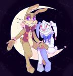  anthro blue_body buckteeth clothing duo eyelashes female fingers five_nights_at_freddy&#039;s five_nights_at_freddy&#039;s:_security_breach glitchtrap hi_res lagomorph leporid long_ears male mammal moon pink_body pink_inner_ear pink_nose purple_eyes rabbit red_eyes small_tail smile stitch_(disambiguation) tan_body tan_inner_ear teeth toes vanny_(fnaf) video_games waackery whiskers white_body 