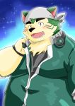  anthro bandanna blush canid canine canis clothing domestic_dog eyebrows fur green_body green_fur headphones hi_res homohomofever jacket kerchief live-a-hero male mammal mokdai musclegut solo thick_eyebrows topwear 