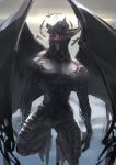  1boy broken_horn completely_nude demon demon_wings floating flying glowing glowing_eye highres horns lens_flare male_focus monster mrpk muscle nude original pink_eyes scales slit_pupils solo talons torn torn_wings wings 