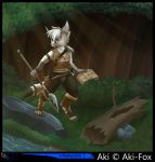  2019 aki_silvertail anthro artist_name black_markings canid canine fennec forest fox fur hi_res male mammal markings melee_weapon philfox polearm rock solo spear tree weapon white_body white_fur 