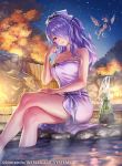  1girl anbe_yoshirou blush breasts camilla_(fire_emblem) cleavage crossed_legs fire_emblem fire_emblem_cipher hair_over_one_eye hair_ribbon hand_up large_breasts long_hair looking_at_viewer naked_towel onsen purple_eyes purple_hair red_eyes ribbon sitting smile soaking_feet solo tiara towel wavy_hair 