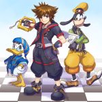  1:1 2019 anatid anseriform anthro avian beak bird black_nose blue_eyes brown_hair canid canine clothing crossover disney donald_duck duck fingerless_gloves floppy_ears footwear gloves goofy_(disney) group hair handwear hat headgear headwear hi_res human jacket kingdom_hearts male mammal niki2ki884 sora_(kingdom_hearts) square_enix topwear video_games weapon 