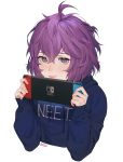  1girl artist_name bernadetta_von_varley contemporary english_commentary fire_emblem fire_emblem:_three_houses grey_eyes handheld_game_console highres holding holding_handheld_game_console hood hoodie lavelis nintendo_switch purple_hair short_hair solo upper_body white_background 