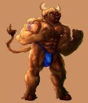  2020 abs anthro bovid bovine brown_body brown_fur bulge canid canine canis cattle clothing domestic_dog fur hi_res hooves horn hybrid indigo_the_bullpup male mammal muscular muscular_anthro muscular_male nipples owoffle pecs simple_background smile solo standing tan_background tattoo thong underwear vein veiny_muscles 