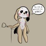  1:1 2020 aggressive_retsuko anthro blush breasts canid canine canis countershading dialogue domestic_dog english_text female full-length_portrait genitals grin happy hi_res inui_(aggressive_retsuko) looking_at_viewer mammal navel nipples nude portrait pussy sanrio smile solo standing tan_body text thehenwithatie white_countershading 