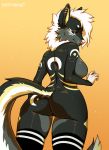  2020 5_fingers anthro black_body black_fur breasts canid canine digital_media_(artwork) ear_piercing ear_ring female fingers fur hair kaitycuddle mammal piercing simple_background smile solo white_hair yellow_background 