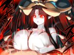  1girl bare_shoulders black_hair breasts commentary_request demon_girl demon_horns highres horns huge_breasts long_hair nipples original paizuri pale_skin pointy_ears red_eyes shiki_(psychedelic_g2) succubus third_eye very_long_hair 