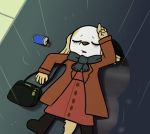  aggressive_retsuko anthro beverage_can boots canid canine canis clothing coat domestic_dog eyes_closed female footwear inui_(aggressive_retsuko) lassodraw lying mammal on_back on_ground puddle purse raining sanrio scarf solo topwear 