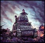  3girls artist_name caterpillar_tracks cloud day english_commentary ground_vehicle headphones military military_uniform military_vehicle motor_vehicle multiple_girls original s35 short_hair sky smoke tank tr0yka uniform 