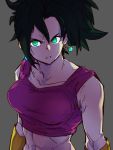  1girl abs black_hair breasts collarbone dragon_ball dragon_ball_(classic) earrings ears glowing glowing_eyes green_eyes grey_background jewelry kefla_(dragon_ball) kemachiku looking_at_viewer medium_breasts midriff muscle muscular_female purple_tank_top simple_background solo tank_top 