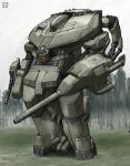  arm_cannon commentary forest grass ground_vehicle highres ironsouls leaning_back leopard_2 mecha mechanization military military_vehicle motor_vehicle nature no_humans original science_fiction solo standing tank weapon 