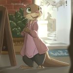  1:1 anthro barefoot brown_body brown_fur carpet clothed clothing detailed dialogue disney duo english_text faceless_character faceless_male female fur green_eyes hi_res japanese_text long_tail louart lutrine male mammal mrs._otterton mustelid outside plant smile text zootopia 