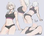  2019 alternate_costume arm_support artist_name ass breasts cleavage cowboy_shot cropped_hoodie cropped_legs dated exercise fate_(series) from_behind grey_background grey_hair hair_between_eyes highres hood hoodie jeanne_d&#039;arc_(alter)_(fate) jeanne_d&#039;arc_(fate)_(all) looking_to_the_side medium_breasts multiple_views muscle muscular_female navel sketch solkorra sports_bra thighs towel towel_around_neck yellow_eyes 