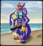  4_arms 4_toes 5_fingers anthro balls beach big_breasts big_penis bikini bikini_top black_penis bottomless breasts canid canine clothed clothing cloud day erection finger_claws fingers frisbee fur genitals gynomorph hair hi_res holding_object humanoid_genitalia humanoid_penis hybrid_genitalia hybrid_penis intersex jewelry knot knotted_humanoid_penis looking_at_viewer mammal monotone_hair multi_arm multi_breast multi_genitalia multi_limb multi_nipple multi_penis necklace nikkyvix nipples orange_hair outside penis plantigrade purple_body purple_fur sand sea seaside sky solo standing swimwear tazel toes water yellow_eyes 