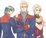  1boy 2girls black_hair blonde_hair blue_eyes crossed_arms gundam jerid_messa lila_milla_rira male_focus mouar_pharaoh multiple_girls scarf short_hair takeda_yuuko uniform white_background zeta_gundam 